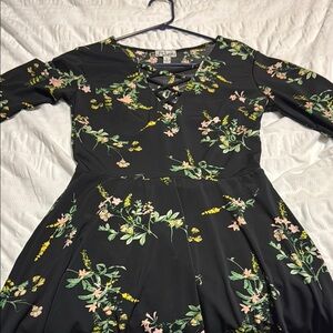 J for Justify Black and Yellow Fit and Flare Dress with Bishop Sleeves